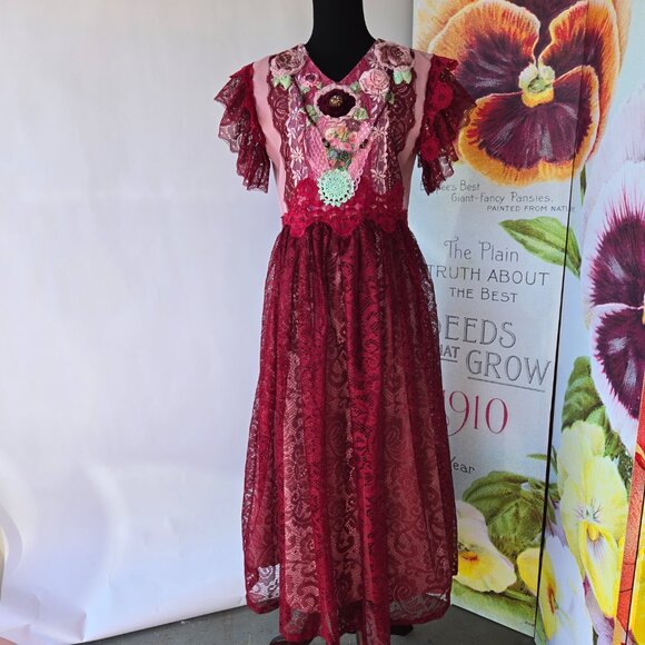 Burgundy Rose Dress Bejewelled Crystal and Velvet Millinery Roses OOAK - Sz Sm - Picture 8 of 8